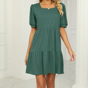 Solid color square neck short sleeve loose patchwork knit dress